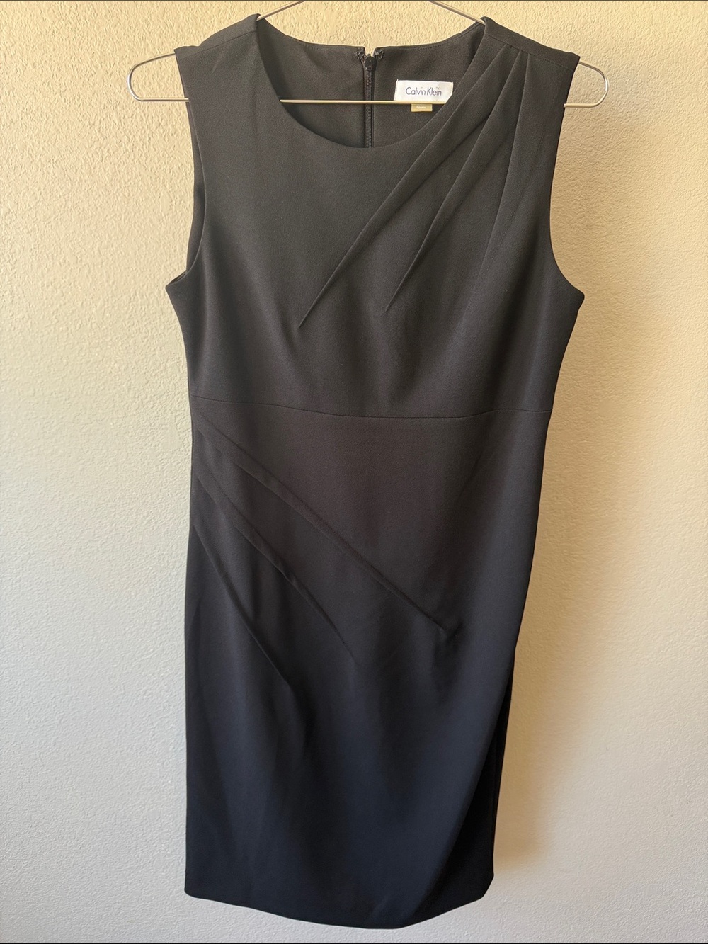 Calvin Klein Black Sleeveless Sheath Dress with Diagonal Pleat Details